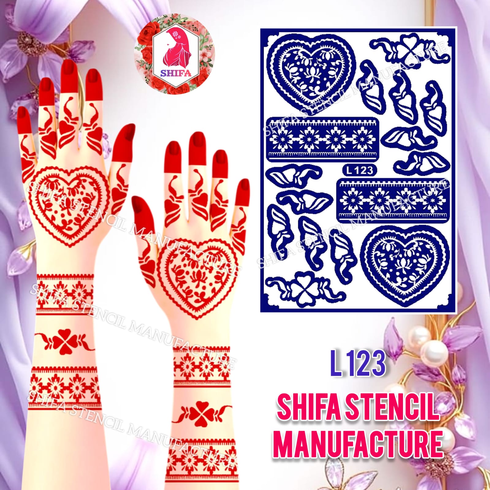 L 123 Heart Blossom Charm Sticker Overview Henna Stencil - Shifa Stencil